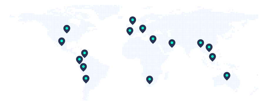 Map of the world with points showing all the different countries Sparx Maths is used in. These countries include: Australia, Belgium, Chile, Colombia, Costa Rica, Denmark, Ecuador, Egypt, Hungary, Ireland, Italy, Malaysia, Mexico, Myanmar, Oman, Peru, South Africa, Spain, Switzerland, UAE, United Kingdom, United States, and Vietnam
